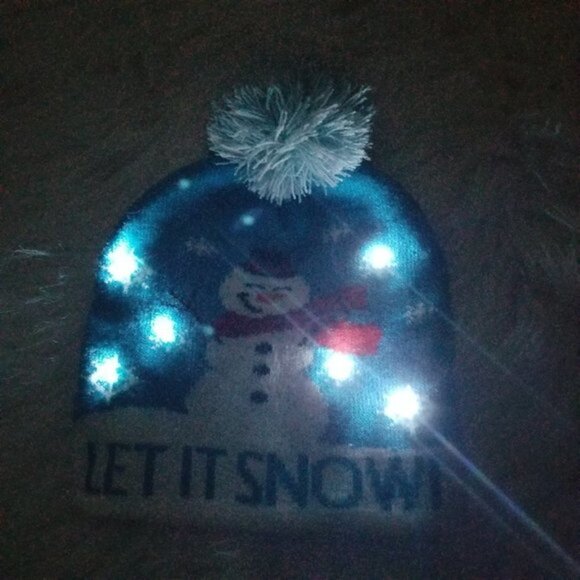 Let It Snow! Blue White Flashing Lights Pom Pom Knit Beanie Hat Kids OS - Picture 2 of 5